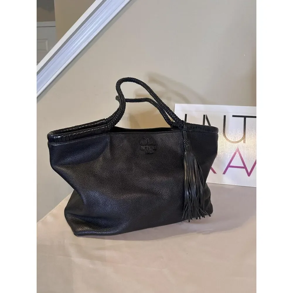Tory Burch Tote Bag Womens Large Black Leather Shoulder Tassel Braided